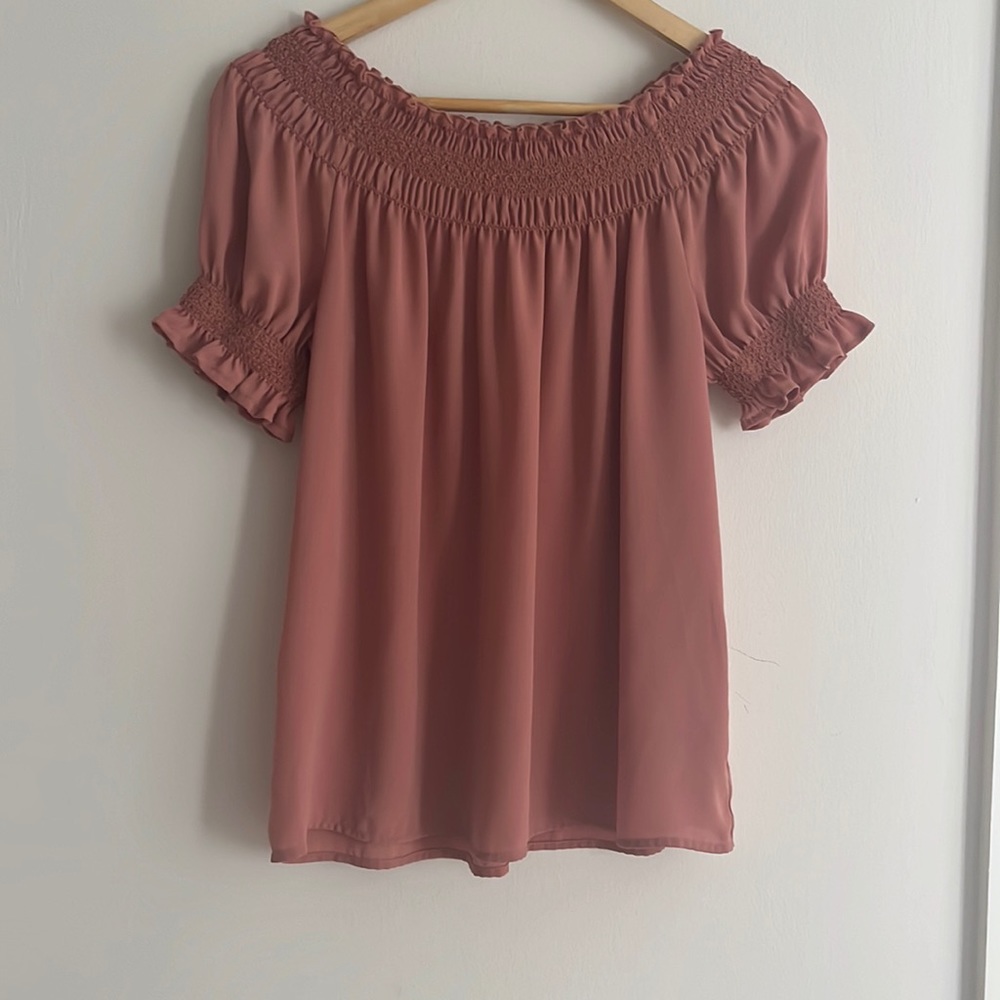 Off the should pink blouse